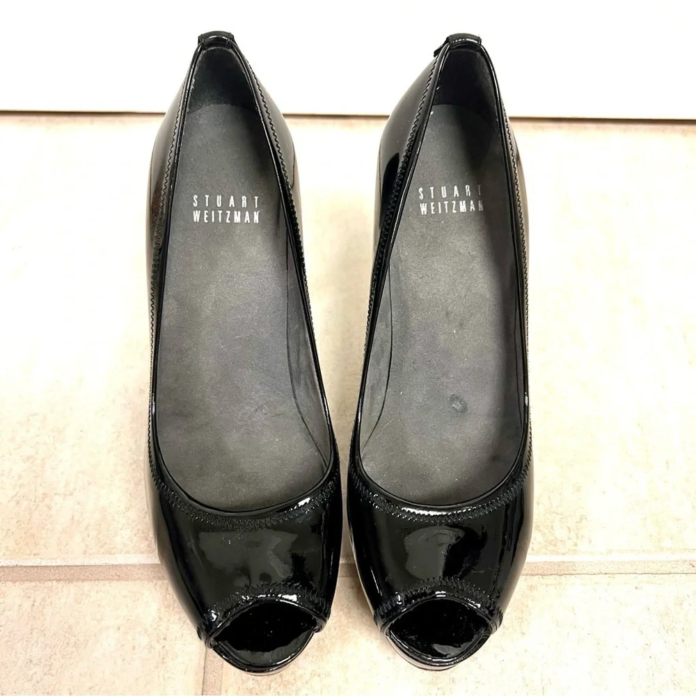 Stuart Weitzman Patent Leather Peep Toe Heels Women's Black Size 7M platform